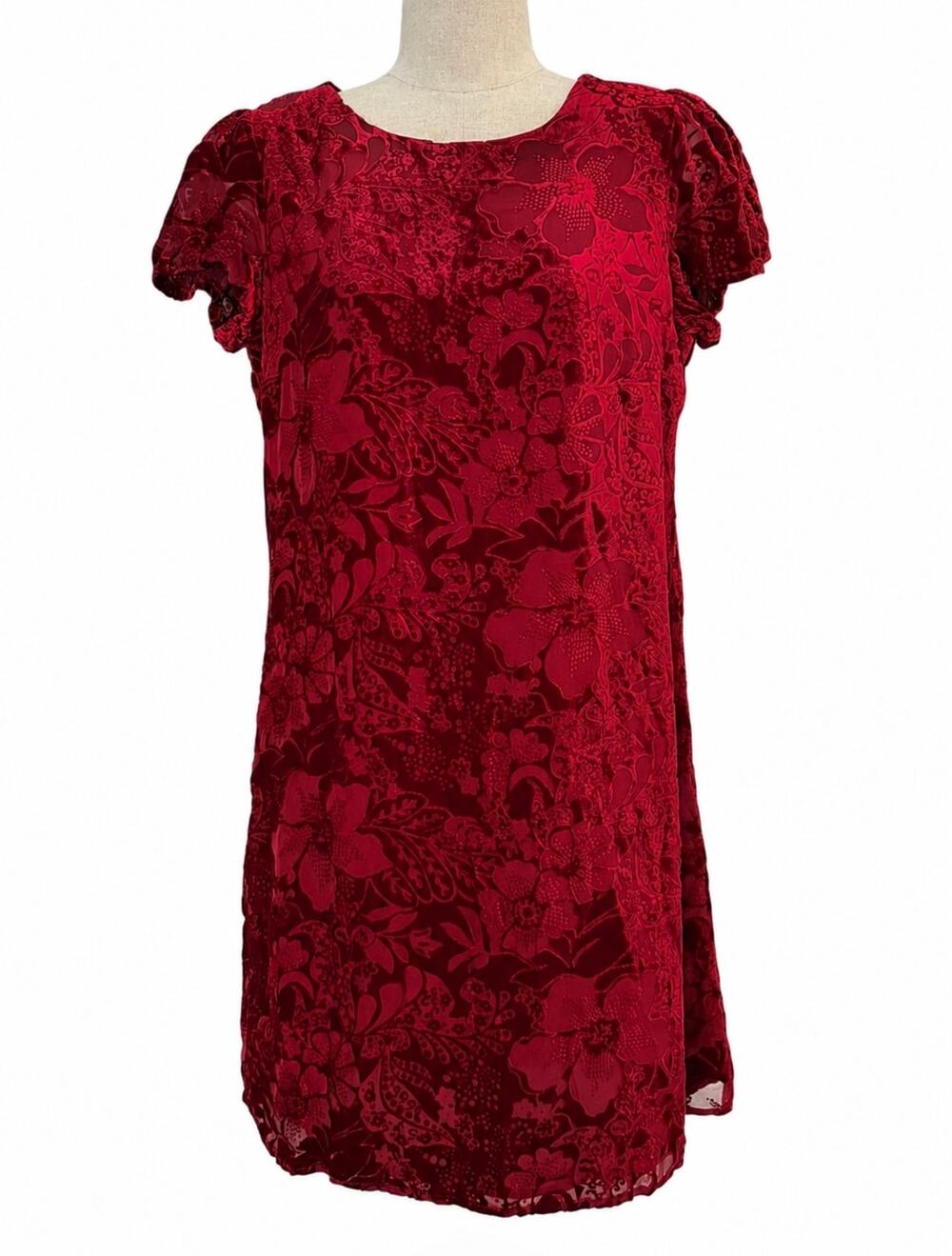 Vintage 90s Y2K Lily Red Burnout Velvet Shift Dress Women’s Med Puff Sleeve USA